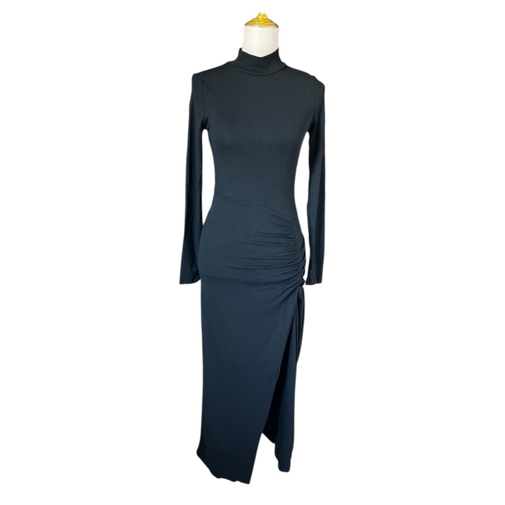 Commense Small Black Slit Pleated Long Sleeve Bodycon Mock Neck Goth Maxi Dress